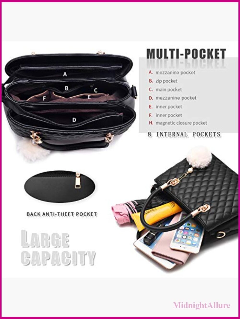 Medium PU Leather Tote Satchel with Pompon - Picture 6 of 7